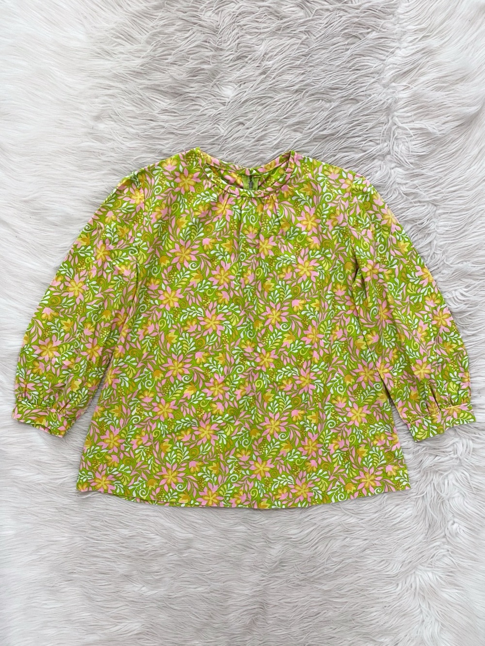 VTG 60s Green Pink Floral Blouse Retro Vintage Mid Century 1960s Groovy Shirt